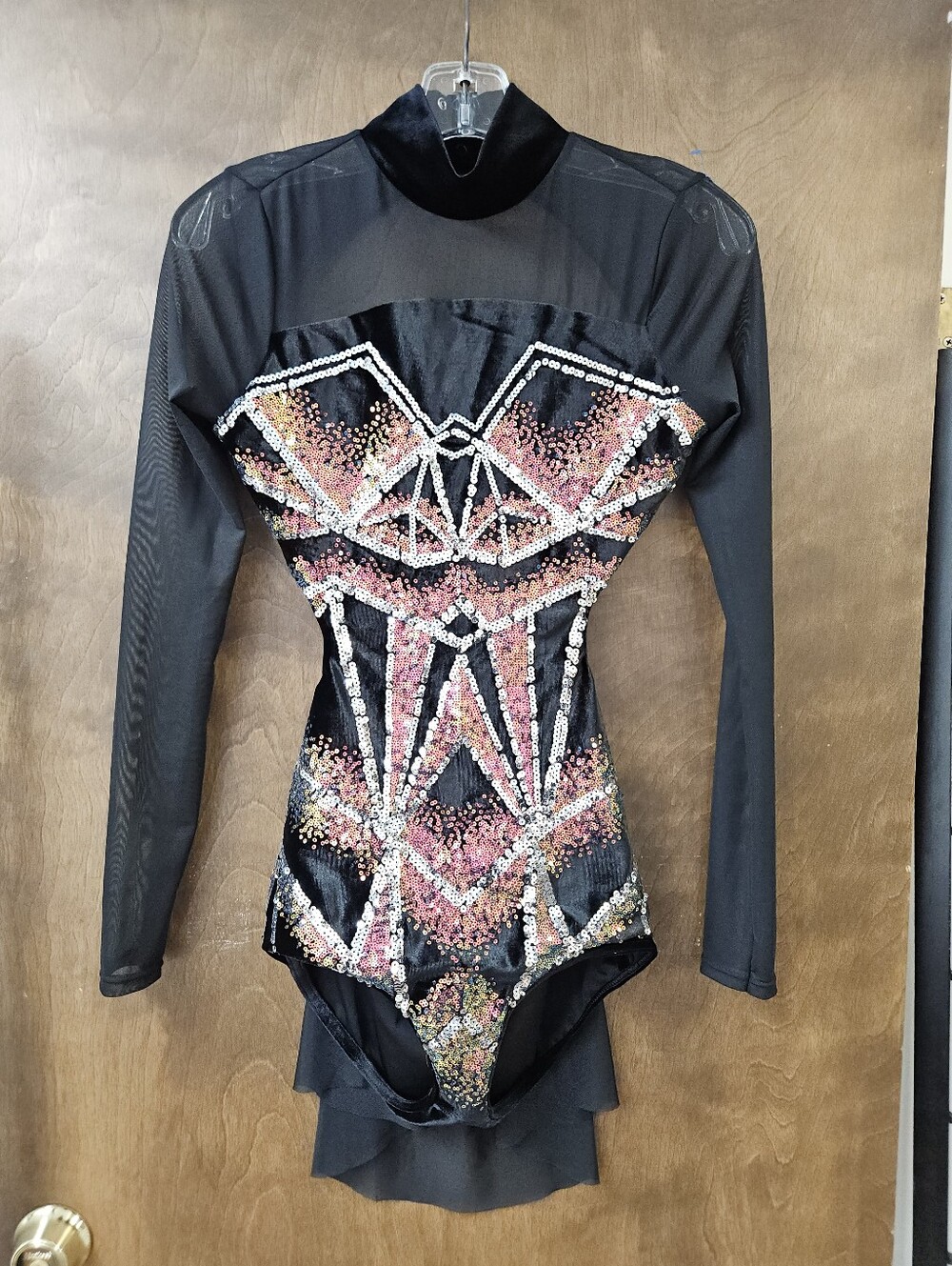 Weissman Black Velvet Sequin Geometric Long-Sleeve Dance Leotard 14584 Sz SA
